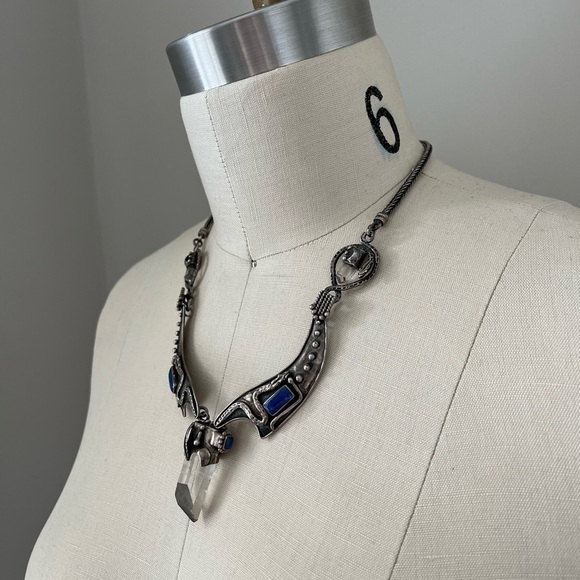 VINTAGE 950 silver quartz crystal lapis blue artisan Handmade bib necklace snake - Picture 12 of 16